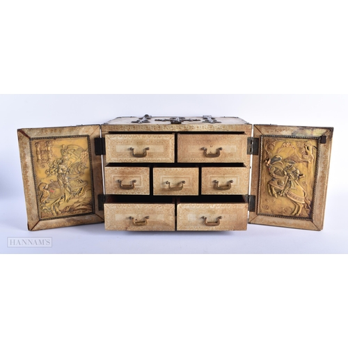 286 - AN ANTIQUE CONTINENTAL ANIMAL HIDE COPPER BOUND TABLE CABINET modelled in the 17th century manner. 2... 