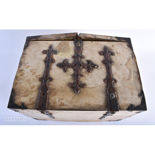 286 - AN ANTIQUE CONTINENTAL ANIMAL HIDE COPPER BOUND TABLE CABINET modelled in the 17th century manner. 2... 