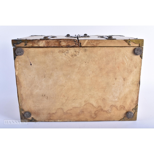 286 - AN ANTIQUE CONTINENTAL ANIMAL HIDE COPPER BOUND TABLE CABINET modelled in the 17th century manner. 2... 