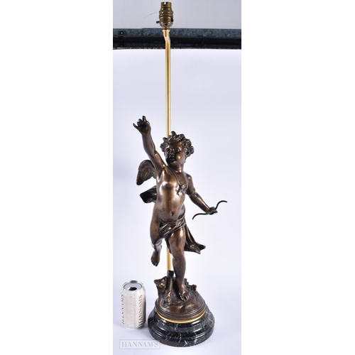 287 - A LARGE ART NOUVEAU FRENCH CHERUB LAMP modelled upon a marble base. 80 cm high.