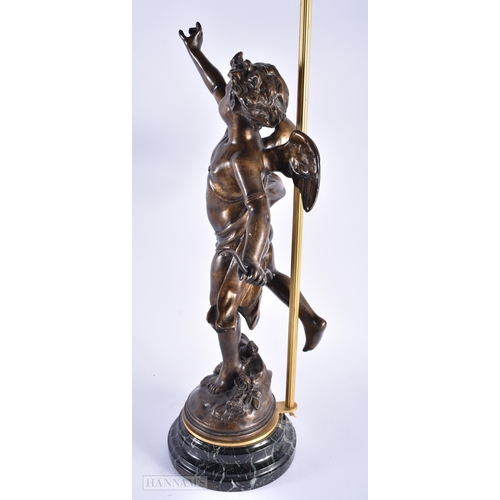 287 - A LARGE ART NOUVEAU FRENCH CHERUB LAMP modelled upon a marble base. 80 cm high.