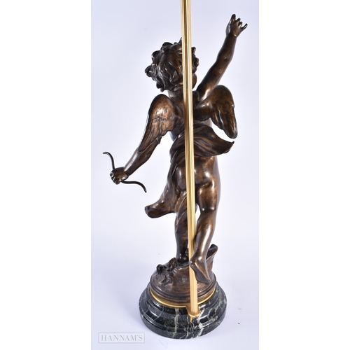 287 - A LARGE ART NOUVEAU FRENCH CHERUB LAMP modelled upon a marble base. 80 cm high.