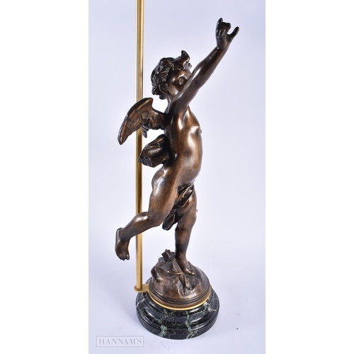 287 - A LARGE ART NOUVEAU FRENCH CHERUB LAMP modelled upon a marble base. 80 cm high.