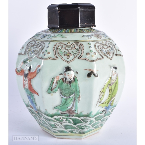 292 - A LARGE 19TH CENTURY CHINESE CELADON MOULDED PORCELAIN GINGER JAR Qing. 24 cm x 15cm.