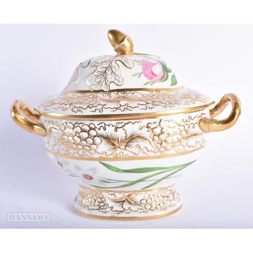 296 - AN EARLY 19TH CENTURY ENGLISH PORCELAIN BOTANICAL TUREEN AND COVER. 20 cm x 17 cm.