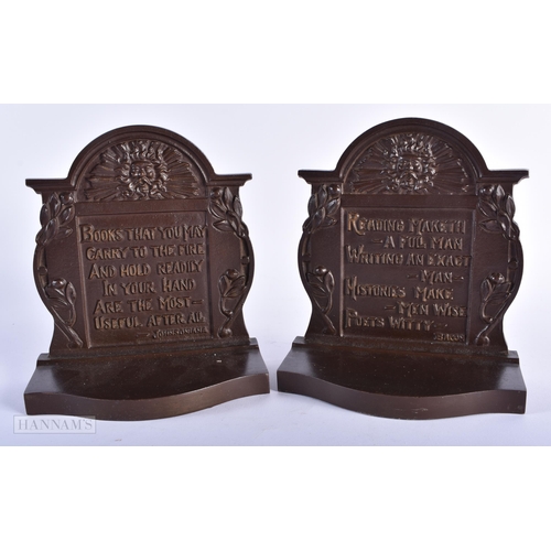 297 - A PAIR OF ARTS AND CRAFTS ENGLISH BRONZE BOOKENDS. Each end 18cm x 13 cm.