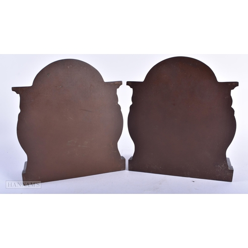 297 - A PAIR OF ARTS AND CRAFTS ENGLISH BRONZE BOOKENDS. Each end 18cm x 13 cm.