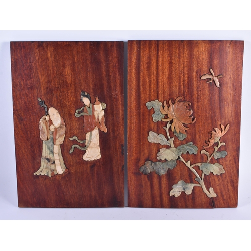 306 - A PAIR OF 19TH CENTURY CHINESE HARDWOOD SOAPSTONE INSET PANELS Qing. 30 cm x 22cm.