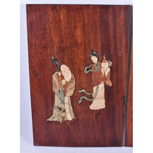 306 - A PAIR OF 19TH CENTURY CHINESE HARDWOOD SOAPSTONE INSET PANELS Qing. 30 cm x 22cm.