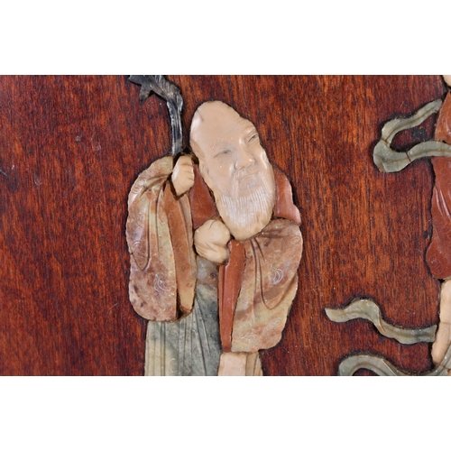 306 - A PAIR OF 19TH CENTURY CHINESE HARDWOOD SOAPSTONE INSET PANELS Qing. 30 cm x 22cm.