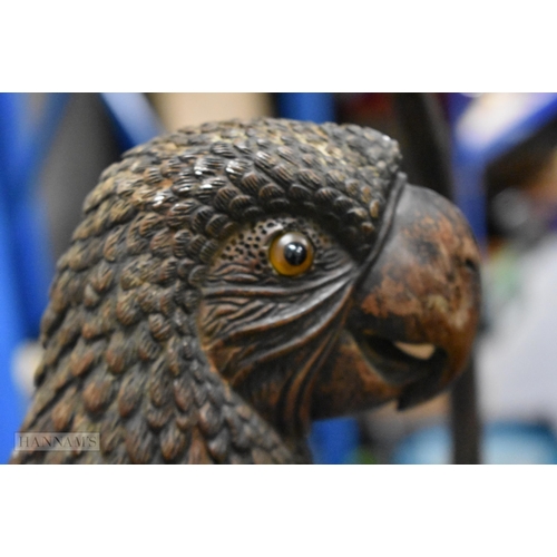 308 - A RARE LARGE EARLY 20TH CENTURY ANGLO INDIAN COUNTRY HOUSE CARVED WOOD PARROT ON A RING naturalistic... 