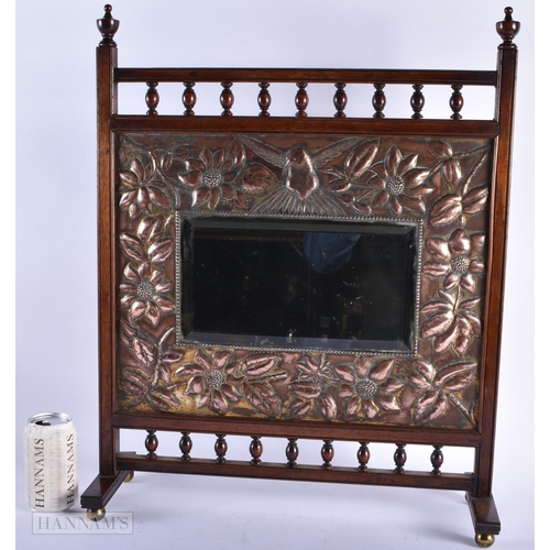 316 - AN ENGLISH ARTS AND CRAFTS OAK AND COPPER REPOUSSE MIRRORED SCREEN. 60cm x 45cm.