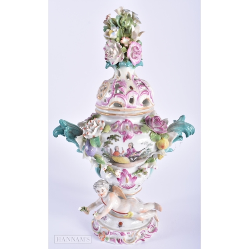 318 - AN 18TH/19TH CENTURY GERMAN MEISSEN STYLE POT POURRI AND COVER together with a smaller schneeballen ... 