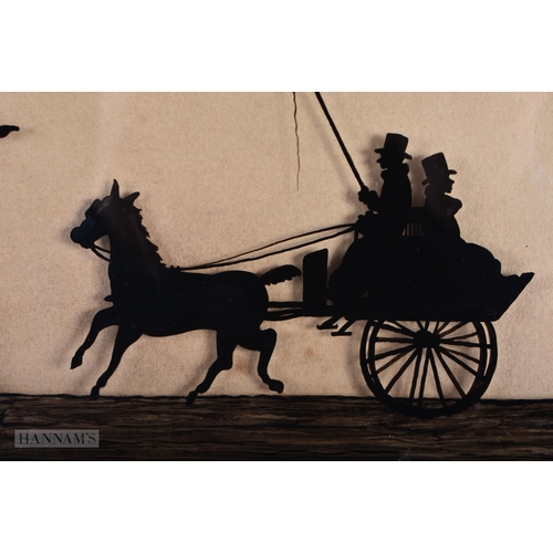 322 - AN UNUSUAL VICTORIAN REVERSE PAINTED EQUESTRIAN PANEL painted with figure on the way to Epsom Races.... 