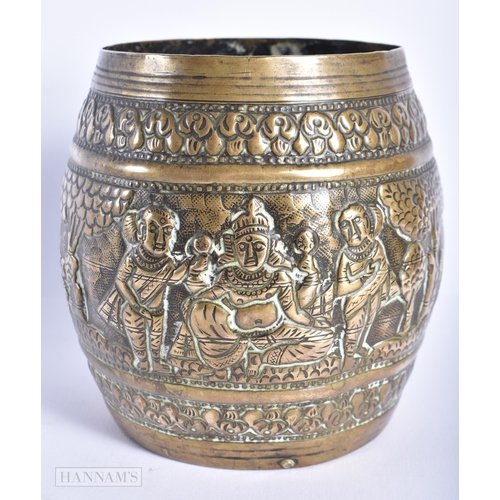 325 - AN 18TH/19TH CENTURY INDIAN EMBOSSED BRASS CENSER decorated with hindu deities. 12 cm x 10 cm.