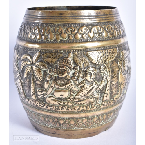 325 - AN 18TH/19TH CENTURY INDIAN EMBOSSED BRASS CENSER decorated with hindu deities. 12 cm x 10 cm.