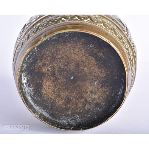 325 - AN 18TH/19TH CENTURY INDIAN EMBOSSED BRASS CENSER decorated with hindu deities. 12 cm x 10 cm.