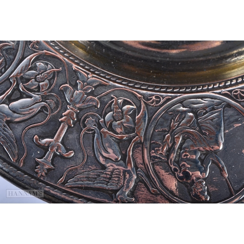 328 - A VICTORIAN ELKINGTON & CO SILVER PLATED CLASSICAL INKWELL decorated with animals and mythical scene... 