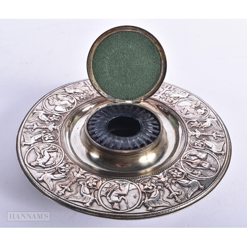 328 - A VICTORIAN ELKINGTON & CO SILVER PLATED CLASSICAL INKWELL decorated with animals and mythical scene... 