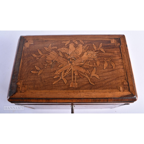 329 - AN UNUSUAL 18TH CENTURY CONTINENTAL CARVED WOOD TEA CADDY decorated with birds and foliage. 17 cm x ... 