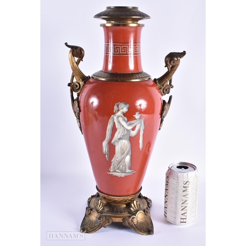 33 - A 19TH CENTURY FRENCH TWIN HANDLED CORAL GROUND GRAND TOUR VASE converted to an oil lamp. 42cm x 18c... 