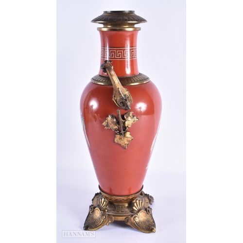 33 - A 19TH CENTURY FRENCH TWIN HANDLED CORAL GROUND GRAND TOUR VASE converted to an oil lamp. 42cm x 18c... 