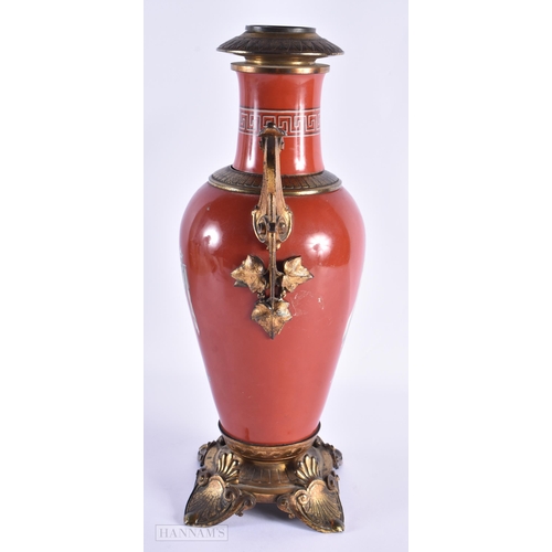 33 - A 19TH CENTURY FRENCH TWIN HANDLED CORAL GROUND GRAND TOUR VASE converted to an oil lamp. 42cm x 18c... 