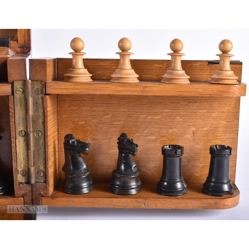 334 - A LOVELY LATE VICTORIAN CARVED OAK GAMING COMPENDIUM signed to interior Austin & Co Dublin, with mul... 