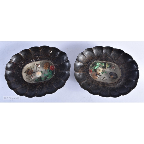 336 - A VERY RARE PAIR OF REGENCY BLACK PAPIER MACHE 'NATURAL HISTORY' DIORAMA DISHES inset with miniature... 