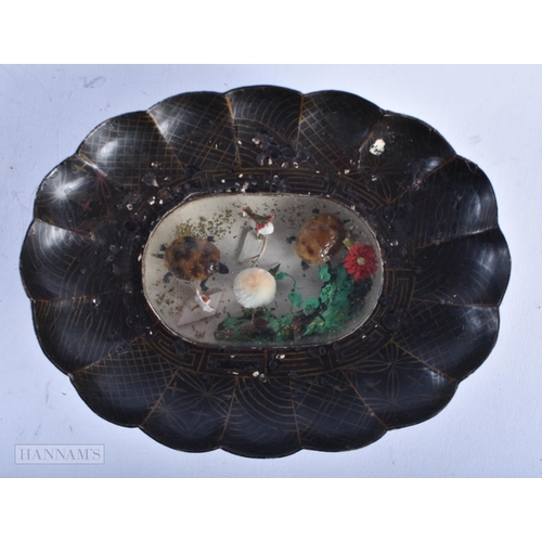 336 - A VERY RARE PAIR OF REGENCY BLACK PAPIER MACHE 'NATURAL HISTORY' DIORAMA DISHES inset with miniature... 