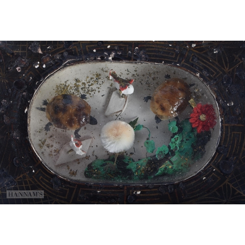 336 - A VERY RARE PAIR OF REGENCY BLACK PAPIER MACHE 'NATURAL HISTORY' DIORAMA DISHES inset with miniature... 