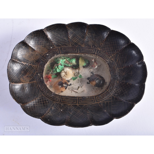 336 - A VERY RARE PAIR OF REGENCY BLACK PAPIER MACHE 'NATURAL HISTORY' DIORAMA DISHES inset with miniature... 