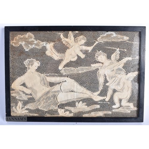 337 - AN EXTREMELY RARE 17TH/18TH CENTURY ITALIAN LACE PANEL depicting classical figures within a landscap... 