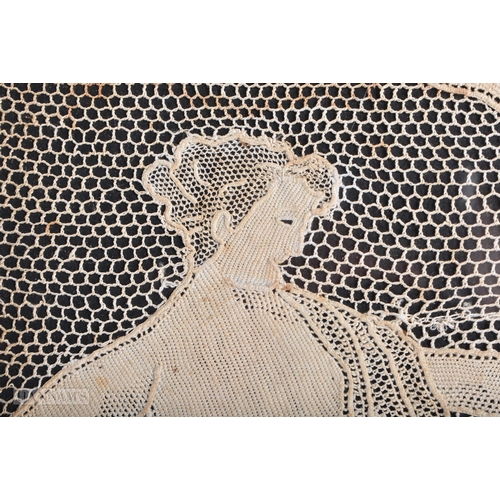 337 - AN EXTREMELY RARE 17TH/18TH CENTURY ITALIAN LACE PANEL depicting classical figures within a landscap... 