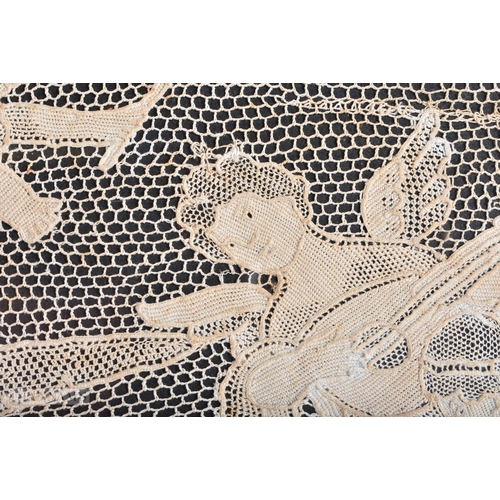 337 - AN EXTREMELY RARE 17TH/18TH CENTURY ITALIAN LACE PANEL depicting classical figures within a landscap... 