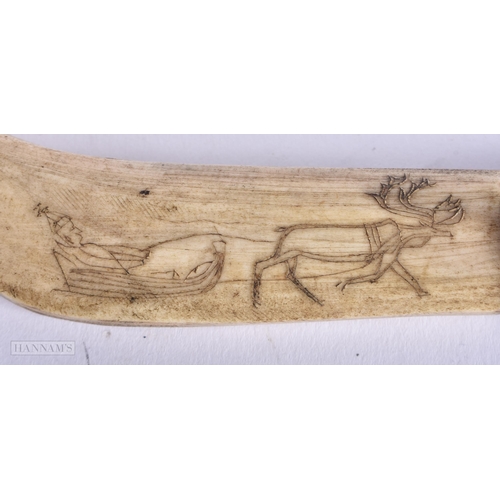 341 - AN ANTIQUE TRIBAL GREENLAND ESKIMO CARVED CARIBOU ANTLER KNIFE. 22cm long. We do not offer in-house ... 