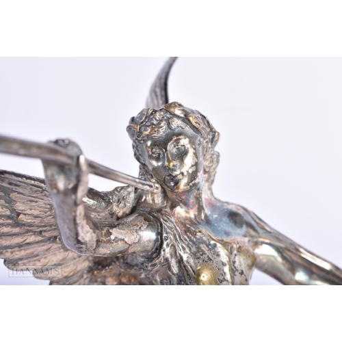 345 - A 19TH CENTURY EUROPEAN SILVERED BRONZE FIGURE OF A WINGED FEMALE modelled blowing a horn. 25 cm hig... 