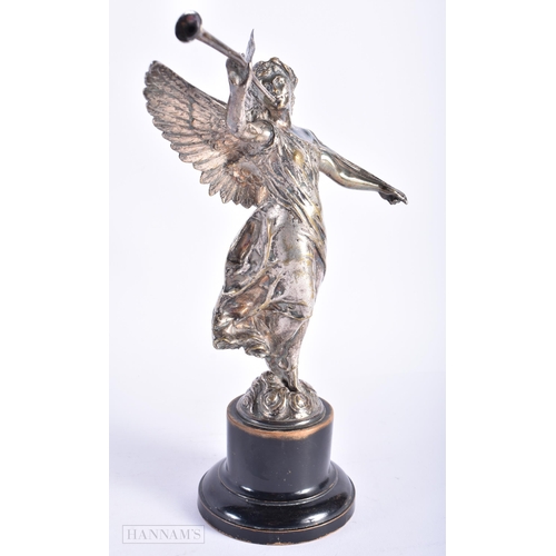 345 - A 19TH CENTURY EUROPEAN SILVERED BRONZE FIGURE OF A WINGED FEMALE modelled blowing a horn. 25 cm hig... 