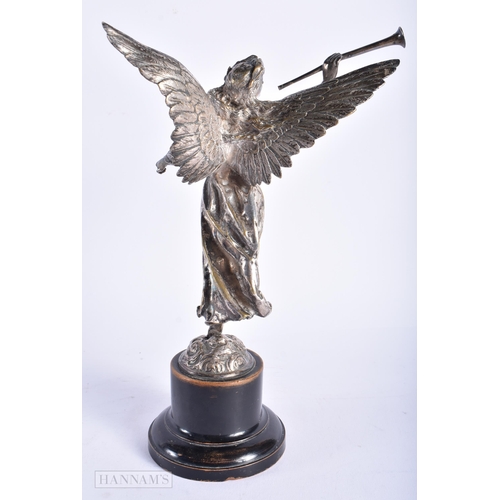 345 - A 19TH CENTURY EUROPEAN SILVERED BRONZE FIGURE OF A WINGED FEMALE modelled blowing a horn. 25 cm hig... 