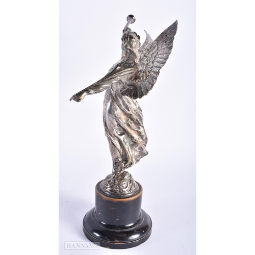 345 - A 19TH CENTURY EUROPEAN SILVERED BRONZE FIGURE OF A WINGED FEMALE modelled blowing a horn. 25 cm hig... 