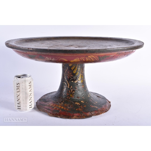 346 - AN ANTIQUE SWEDISH FOLK ART PAINTED WOOD PEDESTAL TAZZA. 42cm x 22cm.