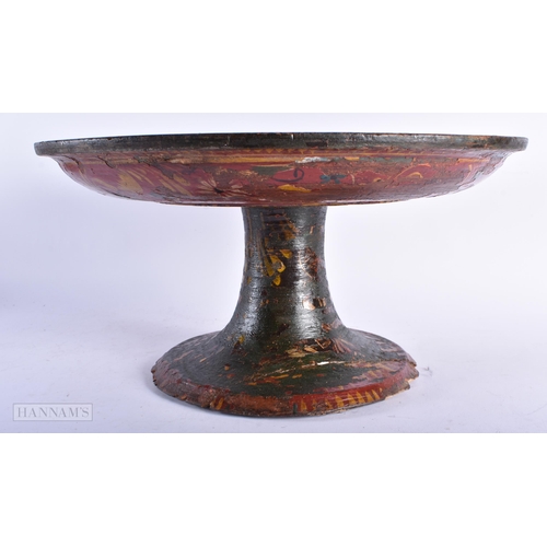 346 - AN ANTIQUE SWEDISH FOLK ART PAINTED WOOD PEDESTAL TAZZA. 42cm x 22cm.