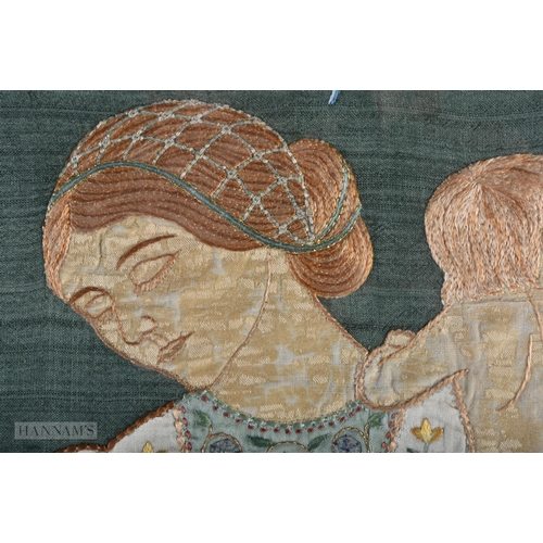 347 - A LARGE ARTS AND CRAFTS ENGLISH EMBROIDERED SILK PANEL entitled 'Charity'. 76 cm x 46 cm.