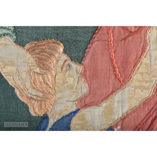 347 - A LARGE ARTS AND CRAFTS ENGLISH EMBROIDERED SILK PANEL entitled 'Charity'. 76 cm x 46 cm.