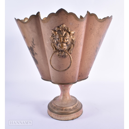 35 - A REGENCY TWIN HANDLED TOLEWARE PLANTER painted with arms and trophies. 30 cm x 24 cm.