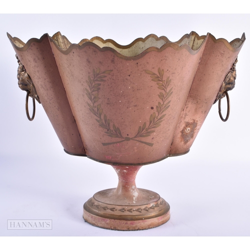 35 - A REGENCY TWIN HANDLED TOLEWARE PLANTER painted with arms and trophies. 30 cm x 24 cm.