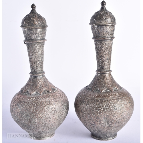 350 - A PAIR OF 18TH/19TH CENTURY ISLAMIC PERSIAN ROSE WATER SPRINKLERS AND COVERS decorated with foliage ... 