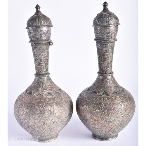 350 - A PAIR OF 18TH/19TH CENTURY ISLAMIC PERSIAN ROSE WATER SPRINKLERS AND COVERS decorated with foliage ... 