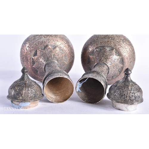 350 - A PAIR OF 18TH/19TH CENTURY ISLAMIC PERSIAN ROSE WATER SPRINKLERS AND COVERS decorated with foliage ... 