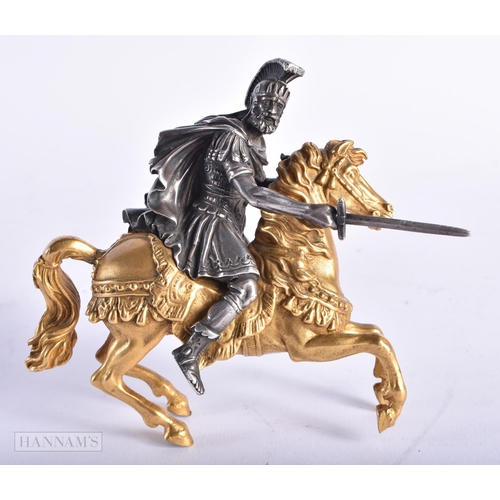 351 - A FINE EARLY 19TH CENTURY SILVERED BRONZE AND ORMOLU FIGURE OF A SOLDIER modelled upon a gilded hors... 